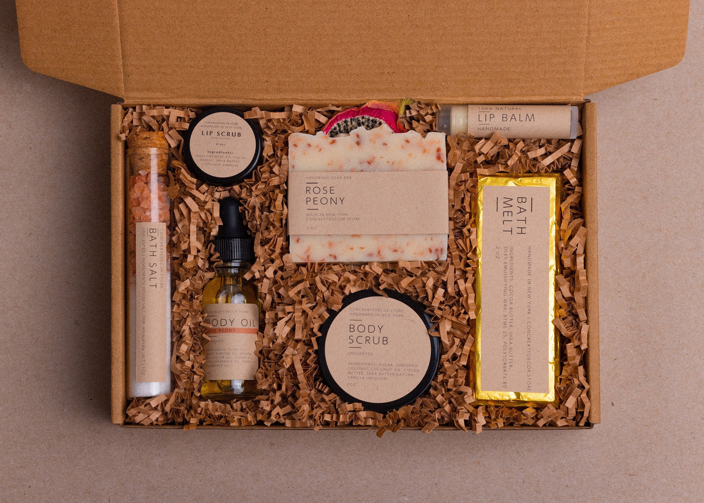 Rose Peony Spa Gift Set: Handmade Soap, Body Oil & Lip Balm