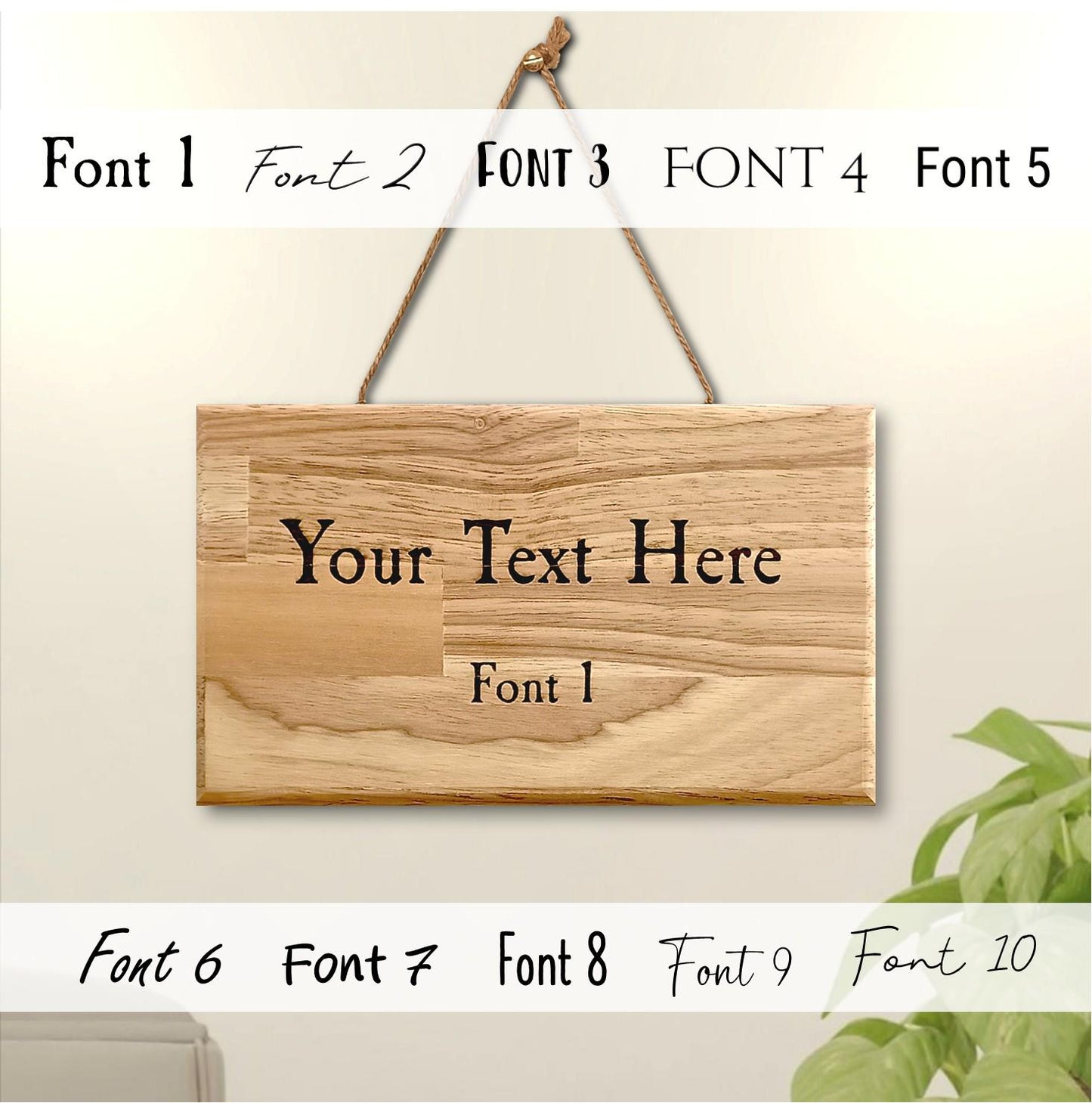 Personalised Text String Hung Engraved Wooden Sign / Plaque - Custom Hardwood Gift - 10 Fonts