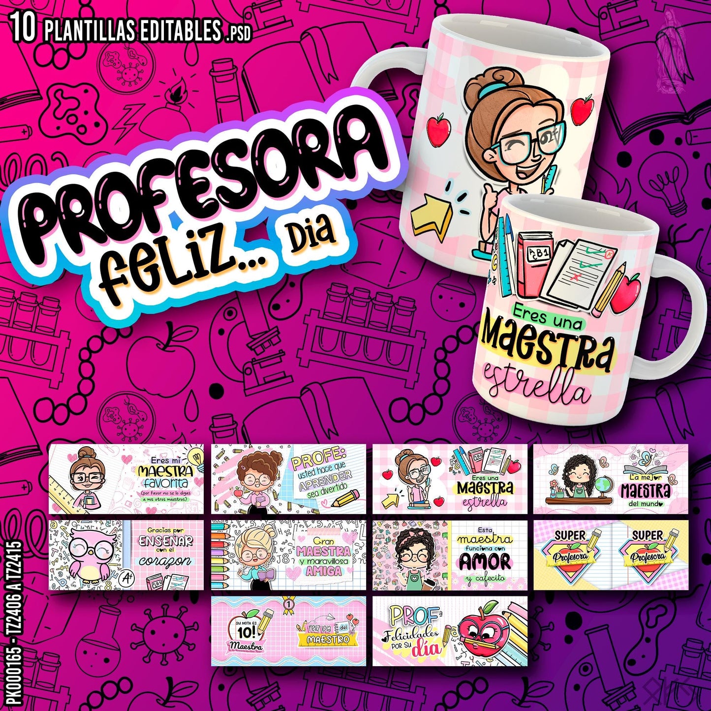 10 Editable Templates for Sublimating Teacher's Day Mugs - Including Mocups and Fonts