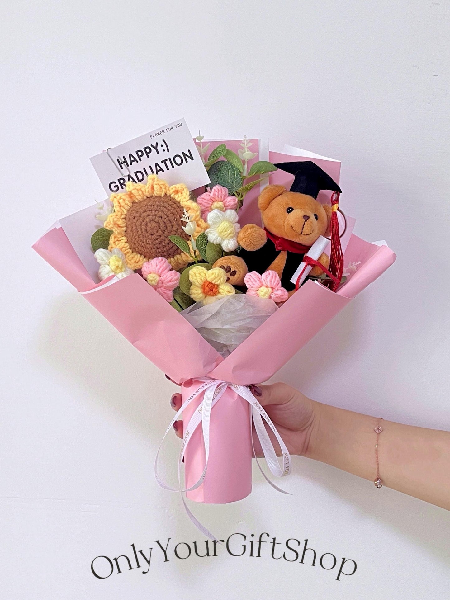 Crochet Graduation Bouquet with Knitted Graduate Bear: Class of 2025 Keepsake
