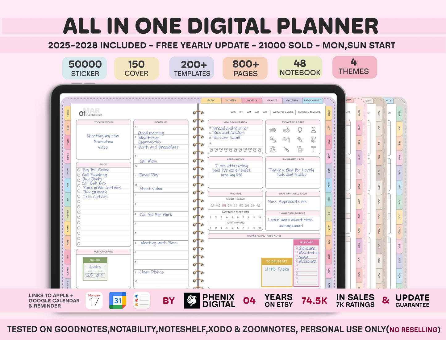 All-in-One Digital Planner 2025, 2026, 2027, Digital Planner, Digital Journal, Digital Goodnotes Template, Weekly, Daily Planner, Notability