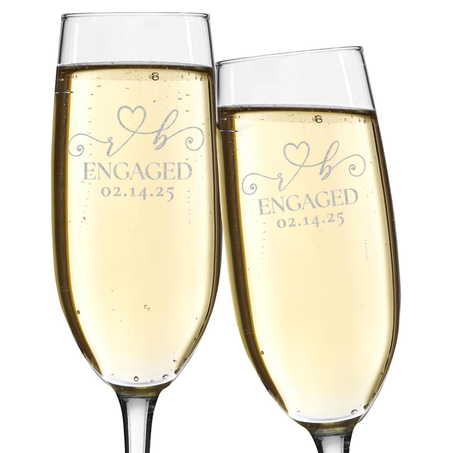 Set of 2 Custom His and Her Initials Heart Engaged Date Personalized Keepsake Champagne Flutes Glasses 8 oz. Bride Groom Engagement Gift