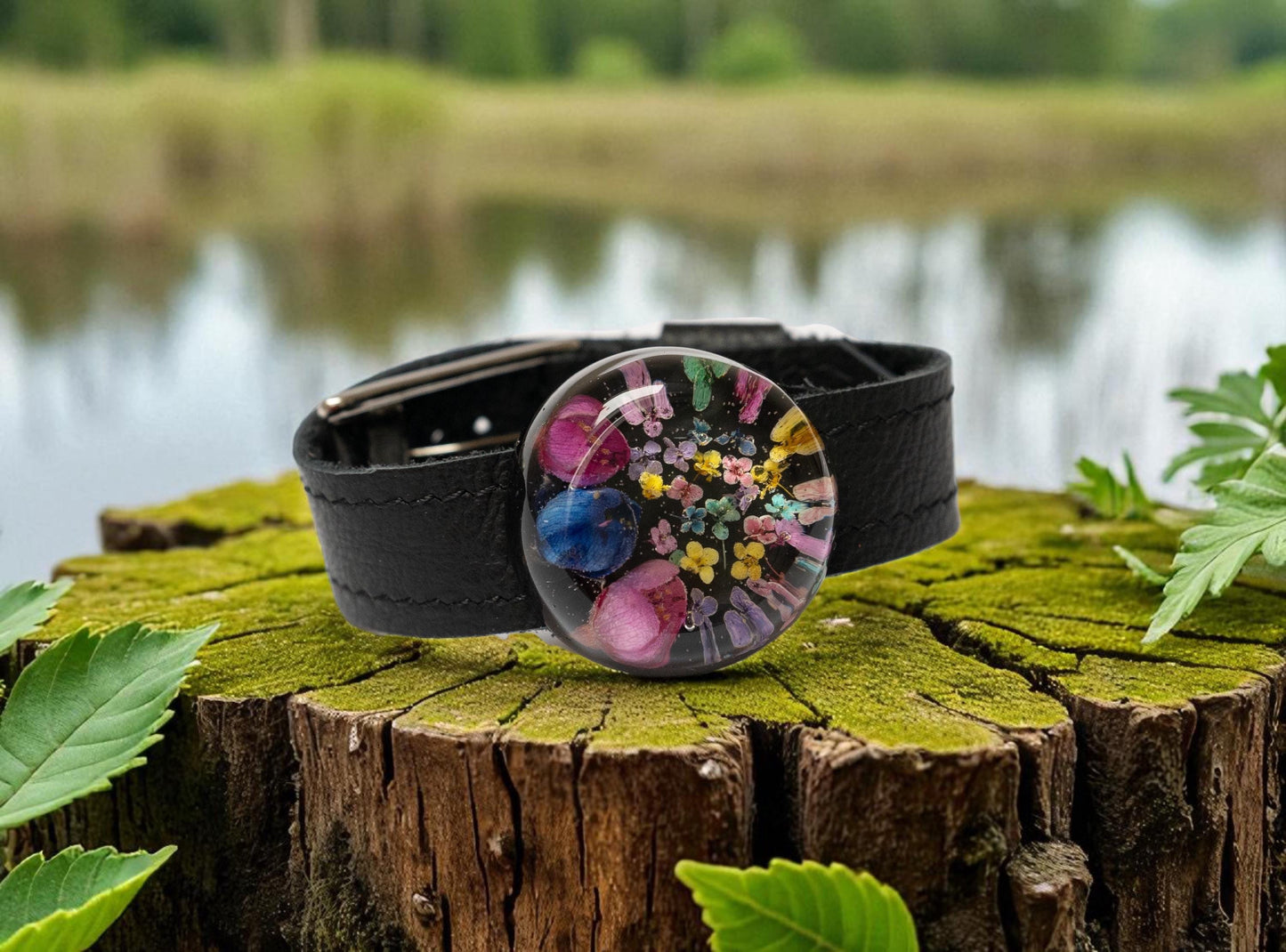 Boho leather bracelet with real flowers Resin jewelry wristwatch band Nature lover gift