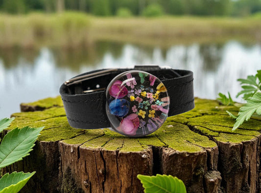 Boho leather bracelet with real flowers Resin jewelry wristwatch band Nature lover gift