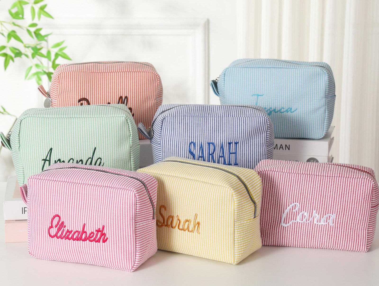 Monogrammed Seersucker Toiletry Bag: Custom Bridesmaid Makeup Bag
