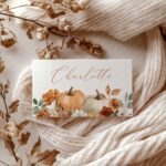 Thanksgiving Place Card Template Flat, Friendsgiving Table Card Printable, Fall Autumn Floral Pumpkins, Canva